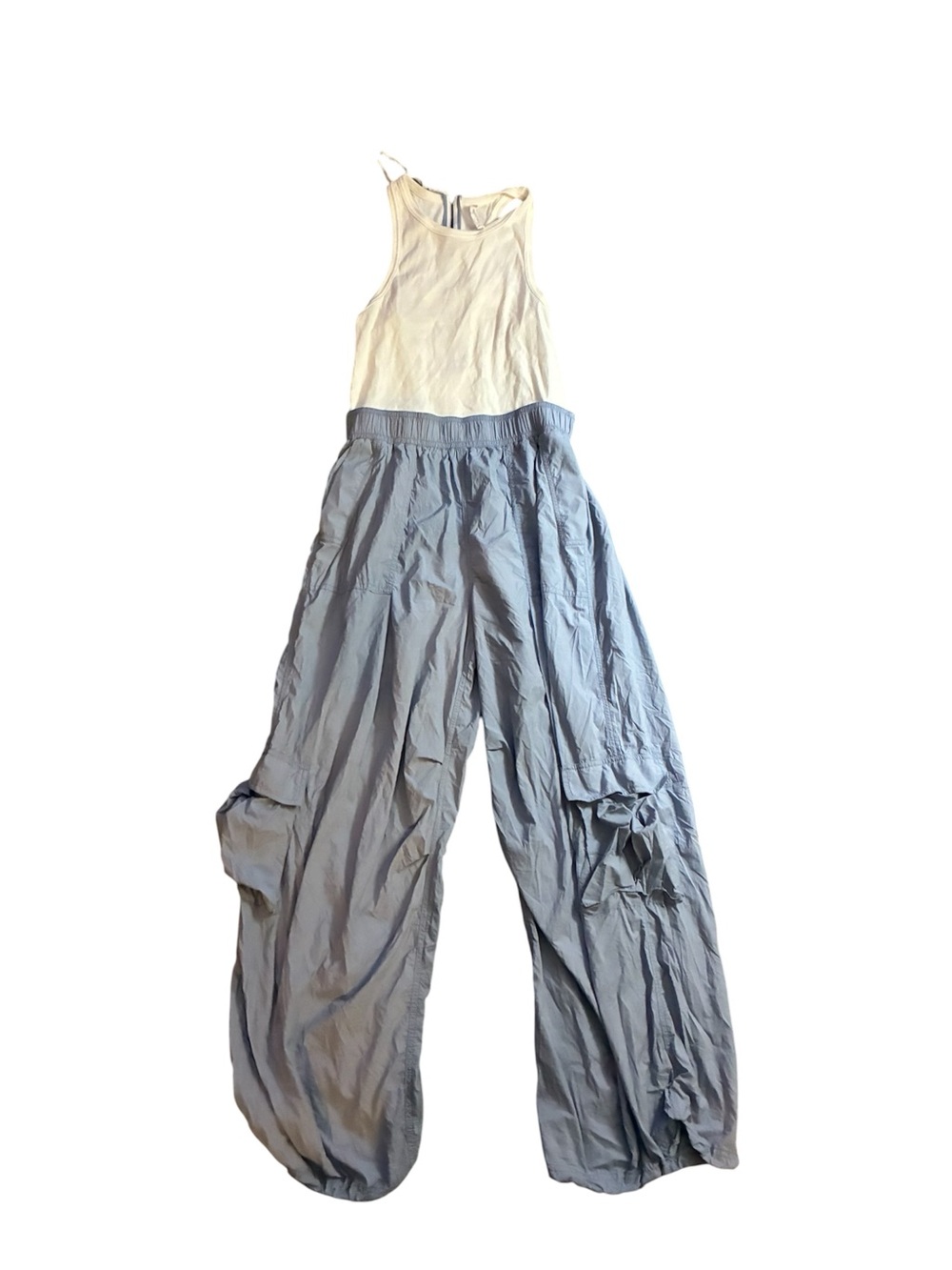 White & Light Blue Wide-Leg Jumpsuit with Elastic Waist